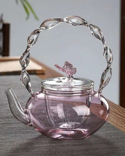 Elegant 700ML Pink Butterfly Glass Teapot for Electric Stoves