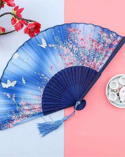 Charming Retro Silk Folding Fan - Exquisite Bamboo Craft for Dance and Home Elegance