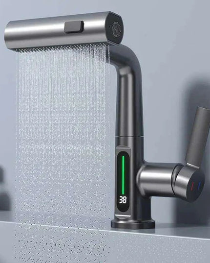 LED Waterfall Faucet with Temperature Display and Rotating Pull-Out Sprayer