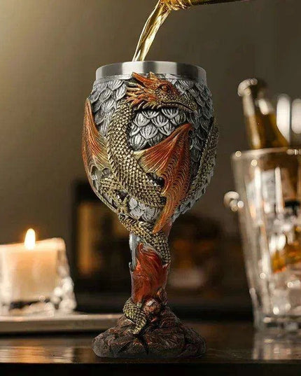Dragon Resin Stainless Steel Beer Mug - Hand Painted Gothic Viking Skull Wine Goblet