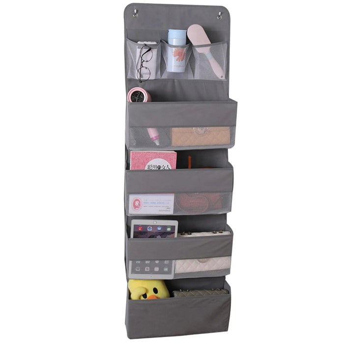 5-Pocket Hanging Door Storage Organizer for Shoes and Accessories with Hooks - Gray