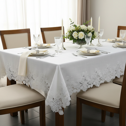 Warm Textile Home White Linen Cotton Rectangular Table Cover - Lace Pa