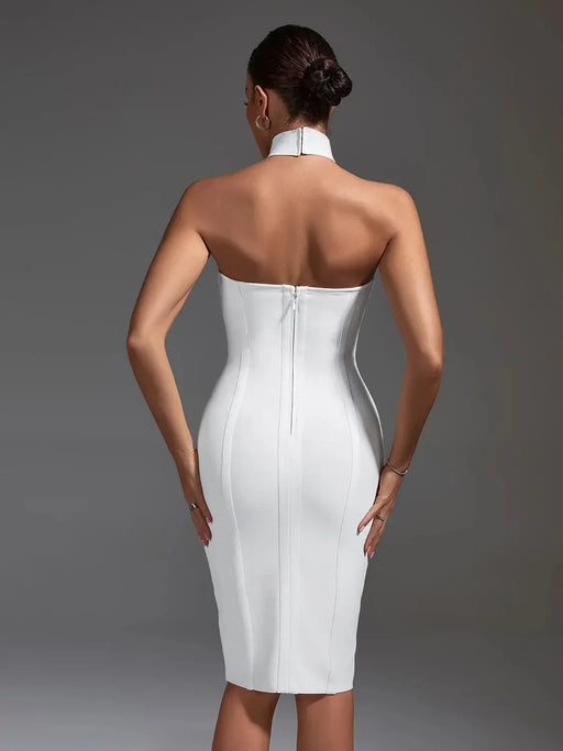 Sculpted Elegance: White Halter Neck Bodycon Dress for Unforgettable Evenings