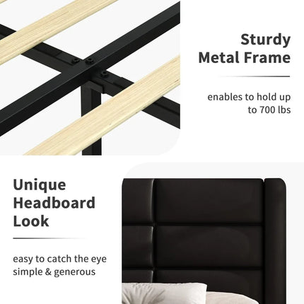 Queen Upholstered Bed Frame with LED Lights, Faux Leather, No Box Spring Needed, Black queen-upholstered-bed-frame-with-led-lights-faux-leather-no-box-spring-needed-black