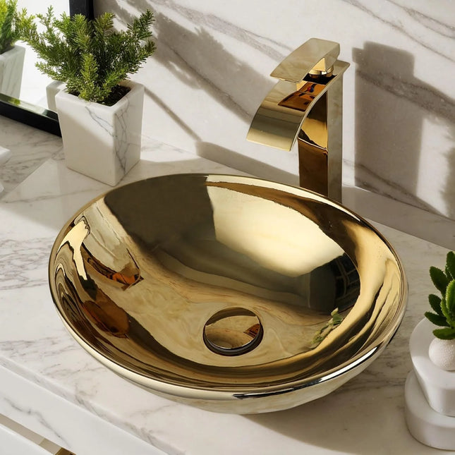 KEMAIDI Luxury Gold Ceramic Vessel Sink - Round Above Counter Basin