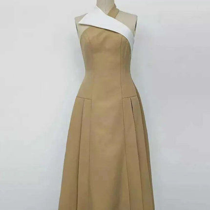 Stylish Backless Halter Neck Pleated Summer Dress with Contrast Color Patchwork for Women - 2024 Party Collection