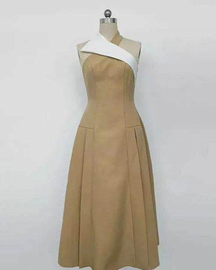 Stylish Backless Halter Neck Pleated Summer Dress with Contrast Color Patchwork for Women - 2024 Party Collection