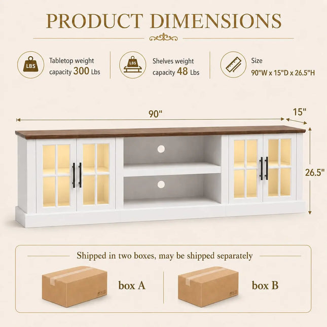 90-Inch Farmhouse TV Stand with Adjustable Shelves and Glass Doors