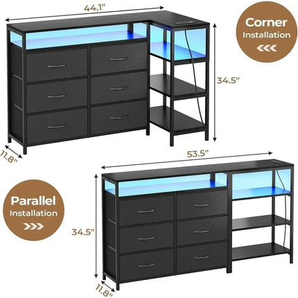 6-Drawer TV Stand with Reversible Shelving, RGB LED Lights & Charging Station