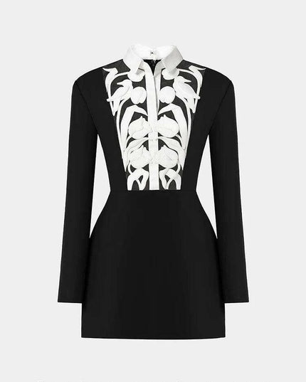 Floral Cut-Out Contrast Mini Dress with Lapel Detail for Women