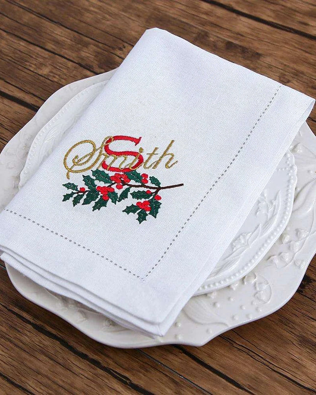 Custom Embroidered Festive Monogram Christmas Table Linen Collection