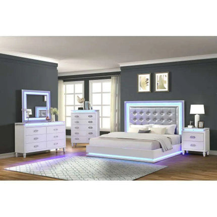 Milky White Modern LED Bedroom Set - Elegant Design with Ample Storage