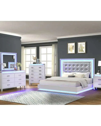 Milky White Modern LED Bedroom Set - Elegant Design with Ample Storage