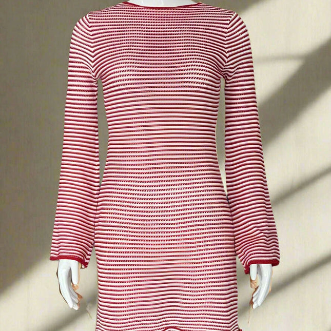 Women's Chic Striped Knit Mini Dress - High Waist Long Sleeve Style for Autumn/Winter
