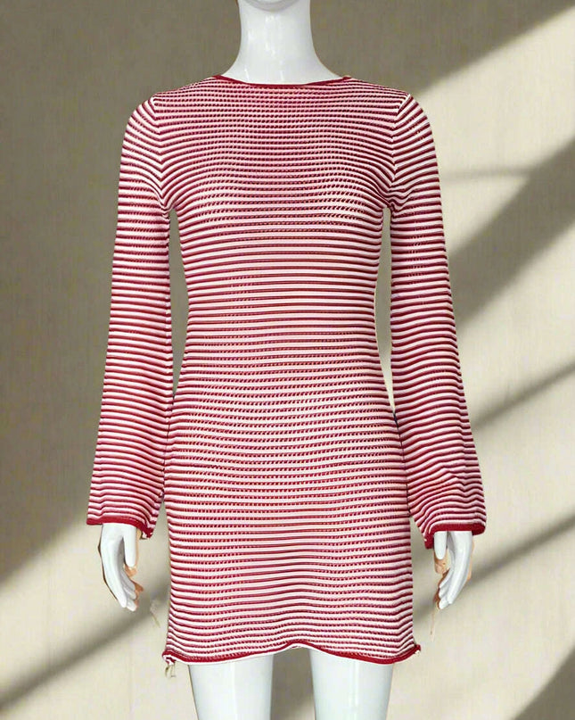 Women's Chic Striped Knit Mini Dress - High Waist Long Sleeve Style for Autumn/Winter