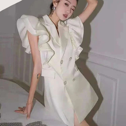 Notched Button Mini Dress with Ruffled Sleeves - Women's Summer Evening Wear