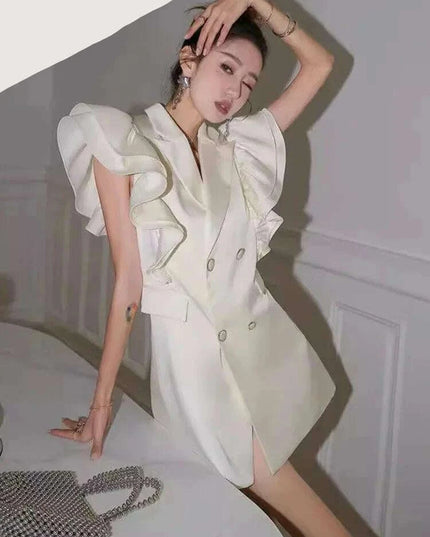 Notched Button Mini Dress with Ruffled Sleeves - Women's Summer Evening Wear