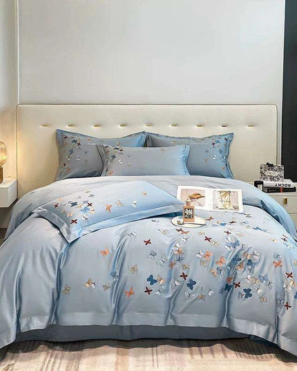 Exquisite 100% Egyptian Cotton Butterfly Embroidered Luxury Bedding Set with Duvet Cover, Sheets, and Pillowcases