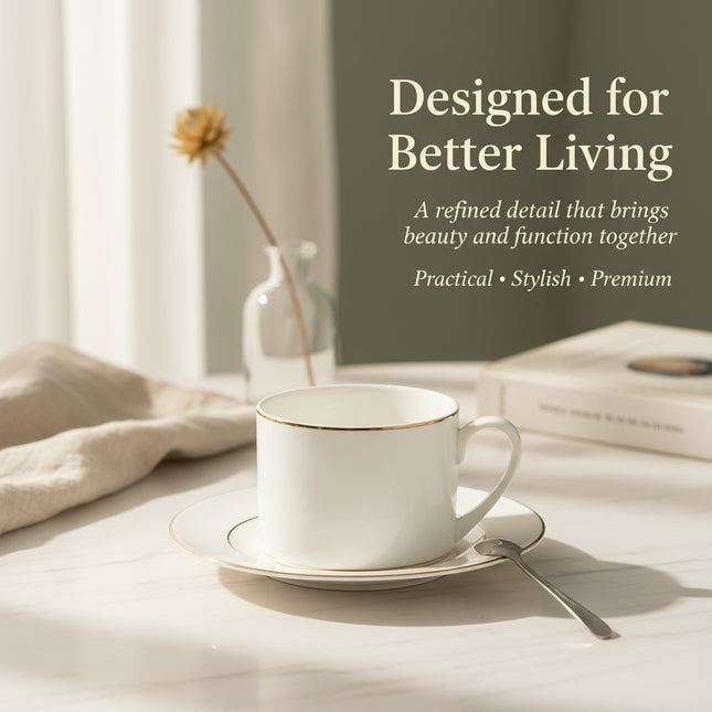Gold-Rimmed Bone China Coffee Cup & Saucer Set | Très Elite
