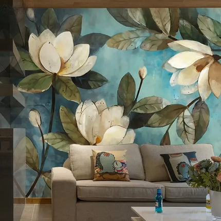 JD Home Decor 3D White Lotus Retro Oil Painting Wallpaper - High Quali