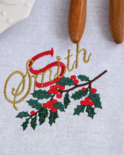 Custom Embroidered Festive Monogram Christmas Table Linen Collection