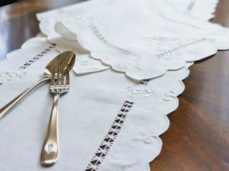 100% Handmade Embroidered Hemstitched Placemat & Table Runner Set - Pure Linen, Vintage Design