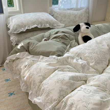 Korean Lace Ruffle Bedding Set | Soft Printed Duvet Cover & Sheets