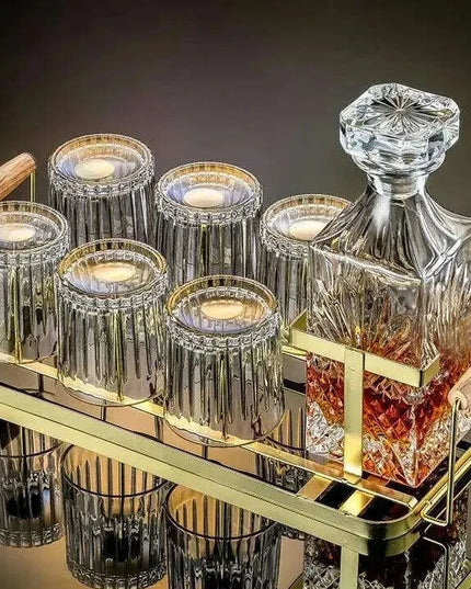 Artisan Crystal Wine and Whiskey Glass Set with Stylish Display Rack