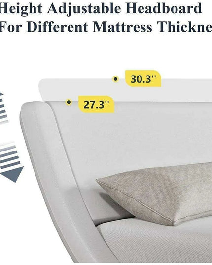 Chic White PU Leather Full-Size Bed Frame with Adjustable Sleigh Headboard for Ultimate Comfort