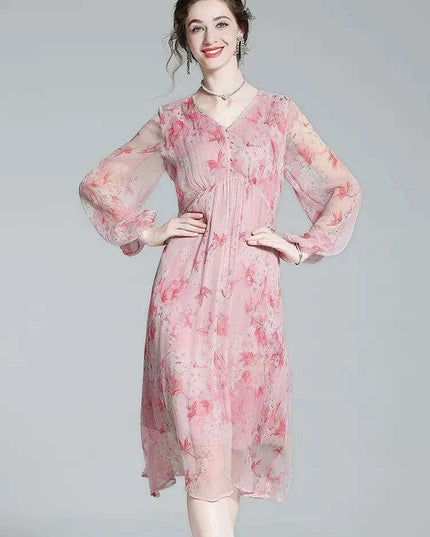 Chic V-Neck Puff Sleeve Mulberry Silk Dress with French Floral Print