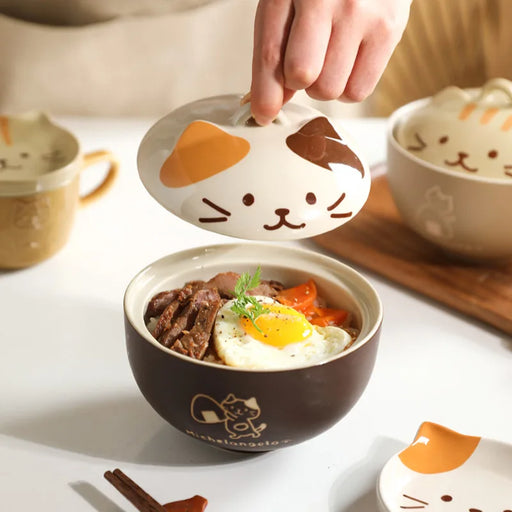 Adorable Japanese Cartoon Cat Ceramic Noodle Bowl with Lid - Versatile Tableware for Lunch or Fruit