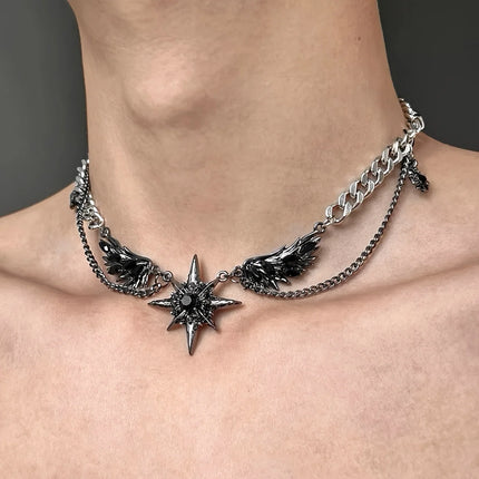 Gothic Reliquary Men's Wing Design Stainless Steel Necklace with Zirco