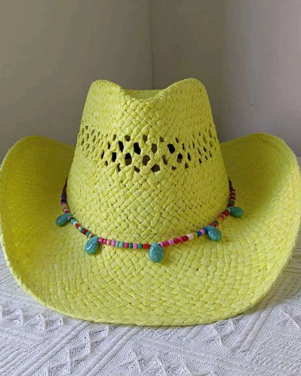Rose Red Cowboy Straw Hat - Adjustable Wide Brim Sun Hat for All Seasons
