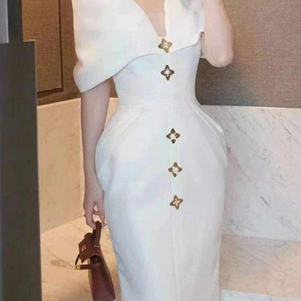 High-Waisted Evening Gown with Asymmetrical Neckline and Slit Detail