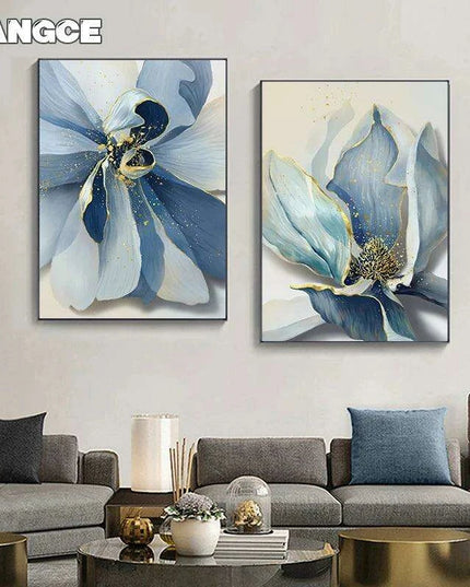 Sophisticated Blue Floral Abstract Canvas Artwork with Gold Leaf Highlights - Modern Scandinavian Home Decor
