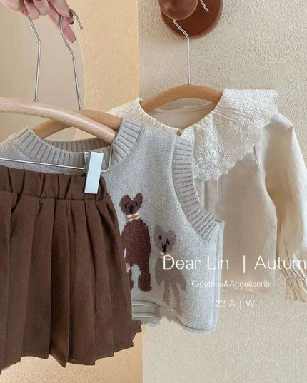 Charming 3-Piece Girls' Outfit Set: Knitted Vest, Lace Collar Blouse, and Pleated Skirt for Infants