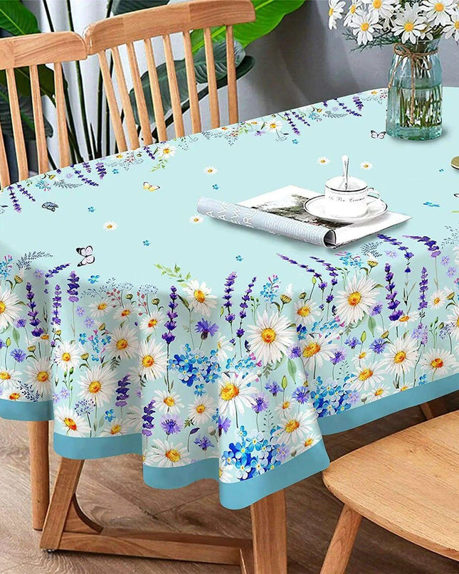 Spring Blue Daisy Butterfly Design Waterproof Rectangle Tablecloth for Holiday Party and Kitchen Decor