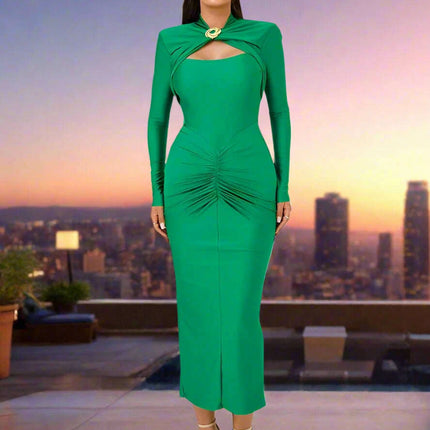 Ruched Maxi Dress with Hollow Out Long Sleeves and Metal Buckle