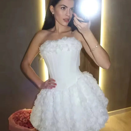 Strapless 3D Flower Mini Wedding Dress — Bubble Skirt, Custom & Plus Sizes