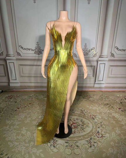 Stunning Silver Sequin Mermaid Gown with Deep V Neck and High Side Slit for Glamorous Nights