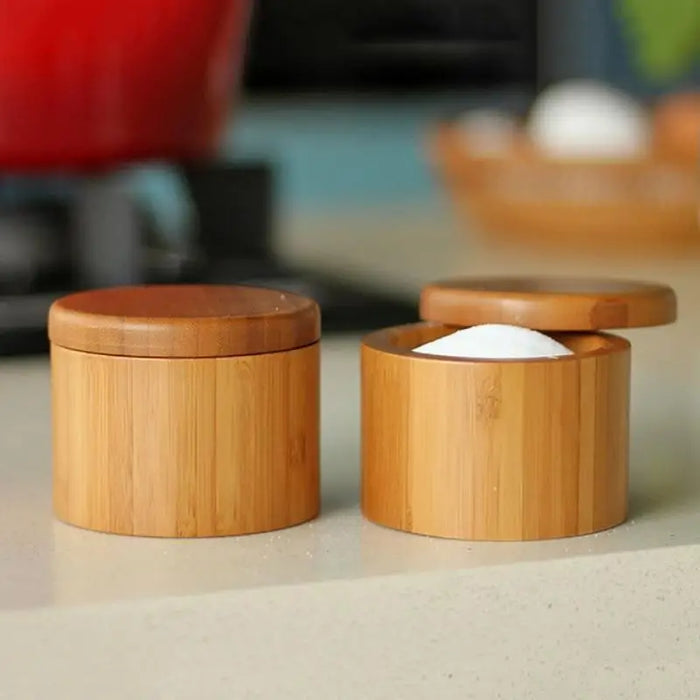 Elegant Bamboo Salt Box with Magnetic Swivel Lid - Multifunctional Kitchen Storage Solution