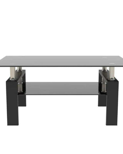Modern Elegance Black Glass Coffee Table with Metal Framework and Additional Storage