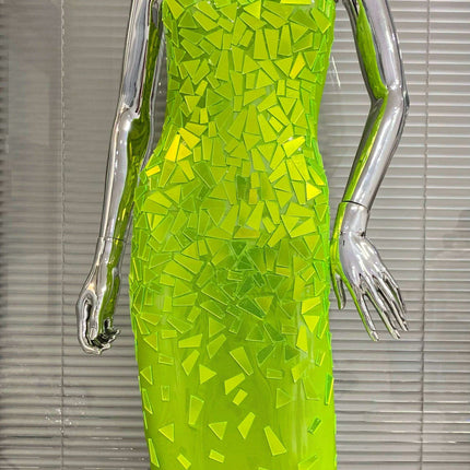 Fluorescent Green Sequin Triangle Midi Bodycon Gown