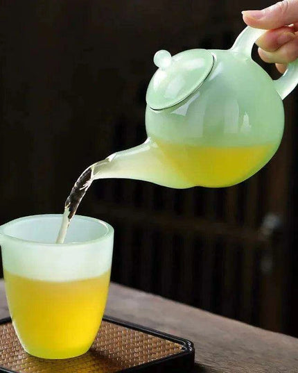 Elegant Green Jade Porcelain Tea Set with Glass Teapot - Perfect for Tea Lovers and Gatherings