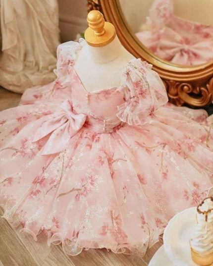 Charming Bow-Print Puff Sleeve Evening Dress for Girls