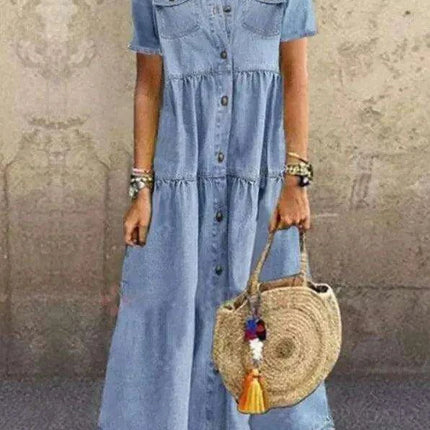 Retro-Inspired Short Sleeve Denim Dress with Pockets and Button Detail for Women’s Spring/Summer Casual Wear