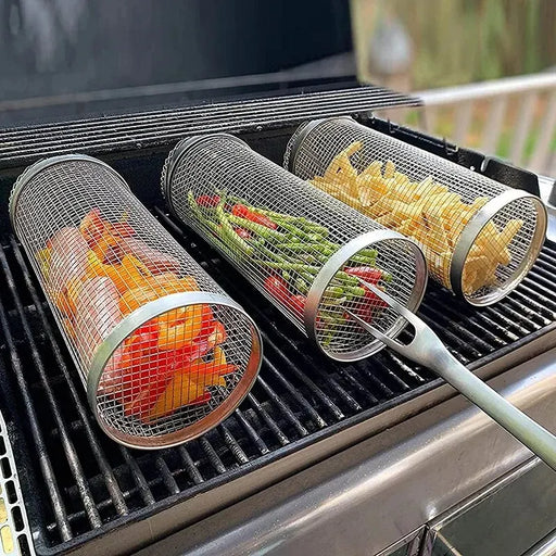 Stainless Steel BBQ Grilling Basket with Round Edge Design for Outdoor Cooking