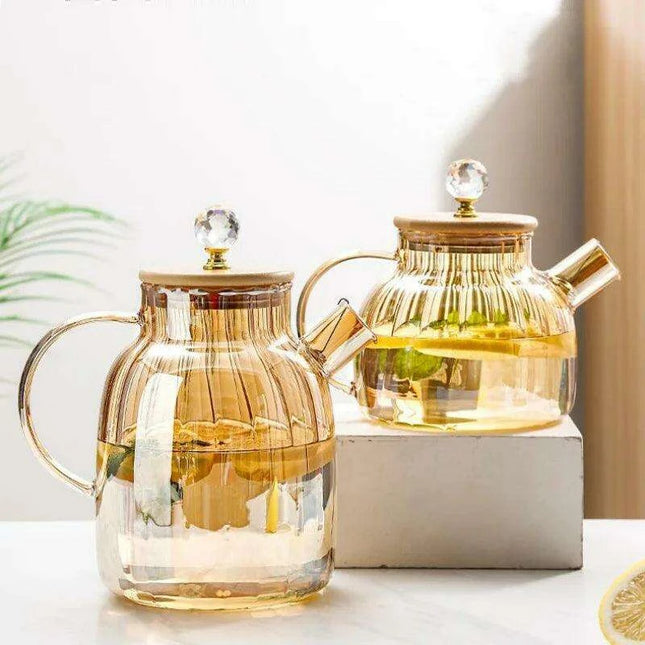 Elegant Amber Striped Glass Teapot - Perfect for Tea, Juices, and Social Gatherings