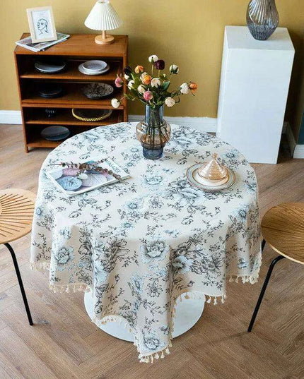 Chic Vintage Floral Cotton Linen Table Runner with Elegant Tassels