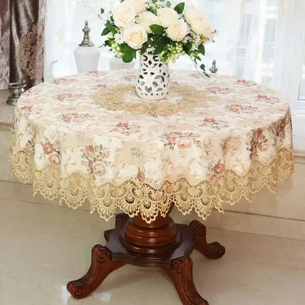 Embroidered Lace Round Tablecloth — Pastoral Rose Gold Table Linen
